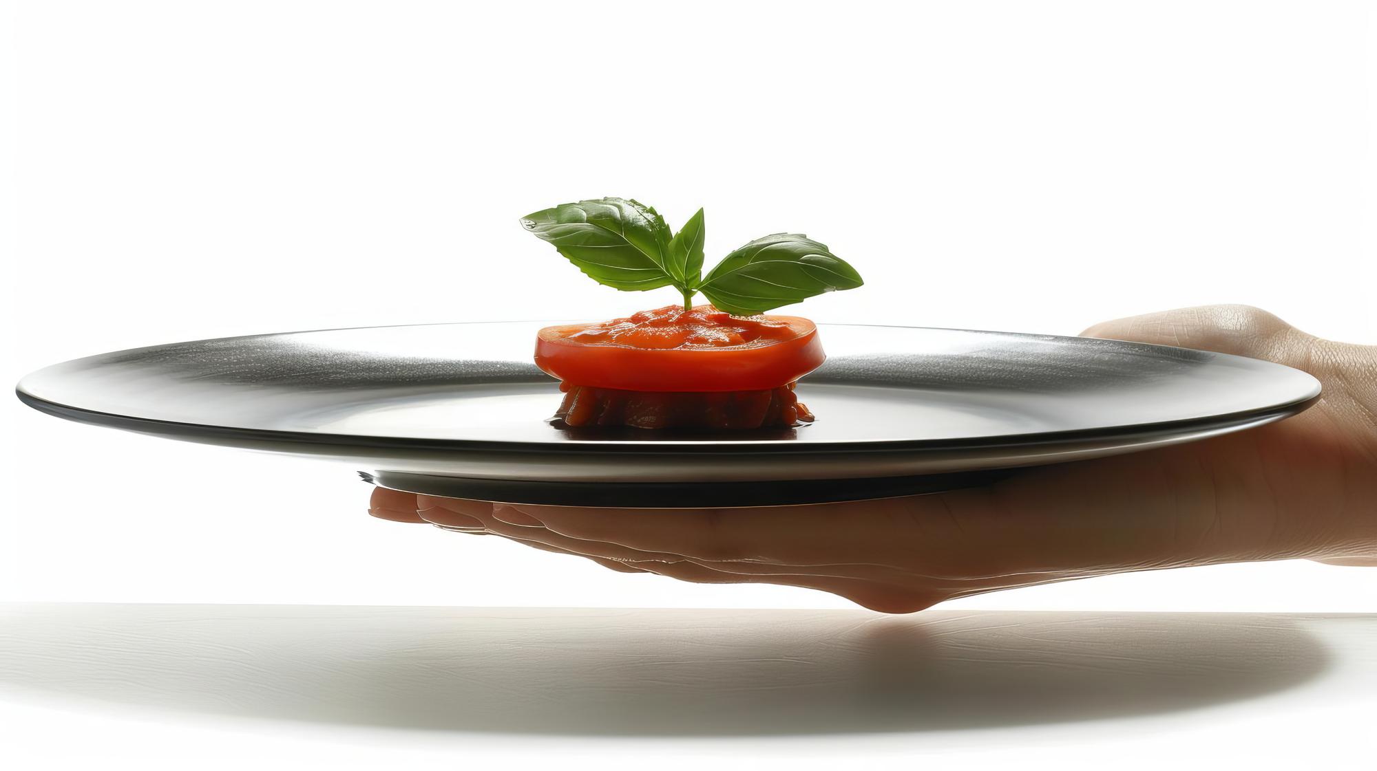 Dettaglio di mano che rifinisce un piatto gourmet